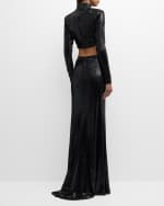 Image 4 of 6: Roberto Cavalli Two-Piece Mock-Neck Long-Sleeve Sequined Gown