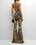 Image 4 of 6: Roberto Cavalli Leopard-Print Halter Flared Jumpsuit