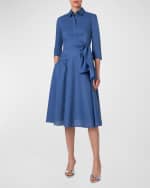 Image 2 of 4: Akris punto Wrap-Waist 3/4-Sleeve Seersucker Midi Shirtdress