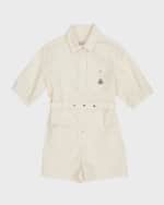 Image 4 of 5: Moncler Girl's Cotton Poplin Collared Romper, Size 8-14