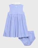 Image 2 of 5: Ralph Lauren Childrenswear Girl's Embroidered Pinstripe Cotton Mesh Dress with Bloomers, Size 3M-24M