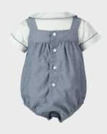 Image 2 of 2: Rachel Riley Boy's Chambray Piped Shirt and Bubble Romper Set, Size 3M-24M
