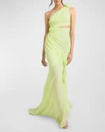 Image 1 of 3: Cinq a Sept Kaleb Flower Draped Cutout One-Shoulder Gown