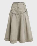 Image 1 of 6: Ferragamo Drop-Waist Acid Wash Denim Midi Skirt