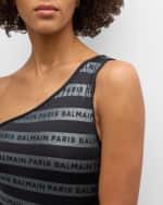 Image 3 of 4: Balmain Striped Logo One-Shoulder One-Piece Swimsuit