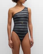 Image 4 of 4: Balmain Striped Logo One-Shoulder One-Piece Swimsuit