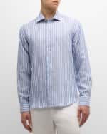 Image 1 of 6: Baldassari Men's Linen Stripe Casual Button-Down Shirt