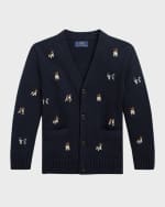 Image 1 of 5: Ralph Lauren Childrenswear Boy's Playful Puppies Embroidered Cotton Cardigan, Size 2-7