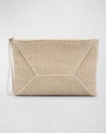 Image 1 of 6: Brunello Cucinelli Zip Raffia & Leather Wristlet