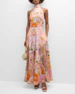 Image 5 of 6: Camilla Halter Tie-Back Floral Linen Top