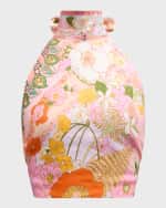 Image 1 of 6: Camilla Halter Tie-Back Floral Linen Top