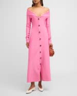 Image 5 of 6: Lela Rose Off-The-Shoulder Long-Sleeve Button-Front Midi Dress