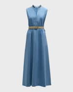 Image 1 of 6: Brunello Cucinelli Cotton Poplin Maxi Dress with Raffia Belt