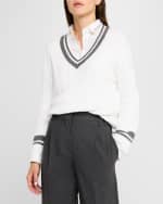 Image 2 of 6: Brunello Cucinelli Tennis Stripe Diamante Cable-Knit Sweater