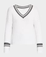 Image 1 of 6: Brunello Cucinelli Tennis Stripe Diamante Cable-Knit Sweater