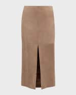 Image 1 of 6: Brunello Cucinelli Front-Slit Suede Midi Skirt