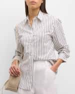 Image 3 of 6: Brunello Cucinelli Monili Collar Cotton Twill Striped Blouse