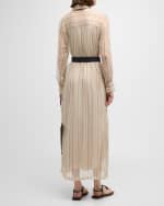 Image 4 of 6: Brunello Cucinelli Striped Chiffon Maxi Shirtdress With Monili-Trim Raffia Belt