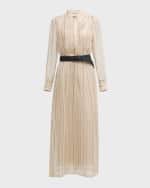 Image 1 of 6: Brunello Cucinelli Striped Chiffon Maxi Shirtdress With Monili-Trim Raffia Belt