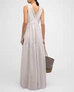 Image 3 of 6: Brunello Cucinelli Cotton Silk Striped Maxi Dress with Ruffled Waist and Monili Detail