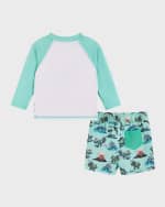 Image 2 of 6: Andy & Evan Boy's Graphic Dinosaur Rashguard & Shorts, Size Newborn-24M