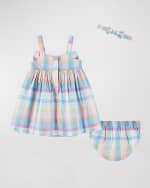 Image 2 of 5: Andy & Evan Girl's Baby Doll Plaid-Print Dress W/ Bow & Bloomers, Size Newborn-24M