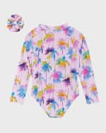 Image 2 of 4: Andy & Evan Girl's Palm Tree-Print One-Piece Rashguard W/ Scrunchie, Size 2T-8