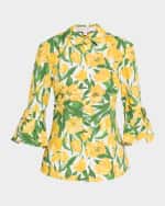 Image 1 of 6: Carolina Herrera Floral Bow Flounce-Sleeve Button Down Blouse