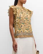 Image 2 of 6: Ulla Johnson Fleur Floral Cotton Blend Flutter-Sleeve Top