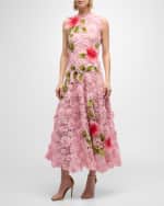Image 2 of 6: Oscar de la Renta Hibiscus Embroidered Sleeveless Floral Guipure Lace Midi Dress