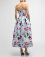 Image 4 of 6: Oscar de la Renta Flower Embroidered Strapless Poppies Faille Midi Dress