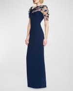 Image 3 of 4: Theia Sofia Floral Applique Tulle & Crepe Gown