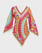 Image 1 of 6: Emilio Pucci V-Neck Tassel-Trim Long-Sleeve Kaftan Mini Dress