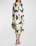 Image 3 of 4: Khaite Minta Bird-Print Collared Satin Top