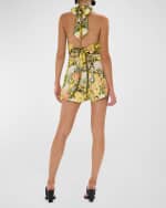Image 3 of 5: Camilla Floral Linen Halter Tie-Back Top