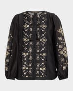 Image 1 of 6: Kobi Halperin Bridgette Embroidered Blouson-Sleeve Blouse