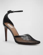Image 5 of 6: ALAIA Fishnet Patent Ankle-Strap Pumps