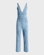 Image 1 of 5: Alice + Olivia Sandra Deep V-Neck Denim Jumpsuit