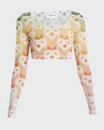 Image 1 of 7: CASABLANCA Rainbow Logo Printed Mesh Scoop-Neck Long-Sleeve Crop Top