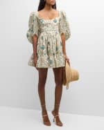 Image 2 of 6: Agua by Agua Bendita Delirio Platero Floral Linen Puff-Sleeve Mini Dress