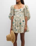 Image 5 of 6: Agua by Agua Bendita Delirio Platero Floral Linen Puff-Sleeve Mini Dress