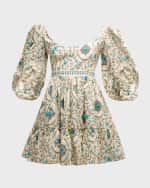 Image 1 of 6: Agua by Agua Bendita Delirio Platero Floral Linen Puff-Sleeve Mini Dress