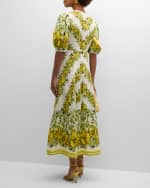 Image 3 of 6: ALEMAIS Gisela Balloon-Sleeve Floral Linen A-Line Midi Dress