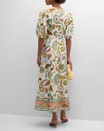 Image 3 of 6: ALEMAIS Arcade Puff-Sleeve Multicolor Linen Midi Dress