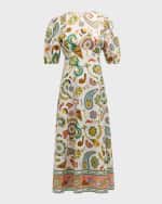 Image 1 of 6: ALEMAIS Arcade Puff-Sleeve Multicolor Linen Midi Dress