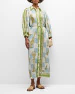 Image 2 of 6: ALEMAIS Checkmate Linen Puff-Sleeve Maxi Shirtdress
