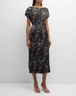 Image 2 of 6: Lafayette 148 New York Pleated Abstract-Print Dolman-Sleeve Midi Dress