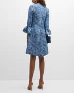 Image 3 of 5: Rickie Freeman for Teri Jon Bell-Sleeve Metallic Floral Jacquard Midi Dress