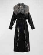 Image 1 of 6: LAPOINTE Long Bleached Denim Double-Breasted Trench Coat with Mongolian Fur Collar