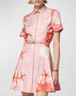 Image 2 of 3: Versace Holiday-Print Belted Short-Sleeve Silk Twill Mini Shirtdress